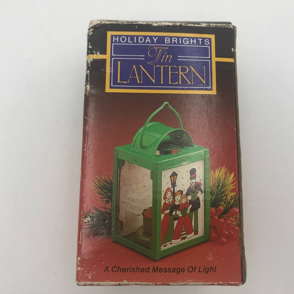 Vintage Giftco  Christmas Tin Lantern Holiday Family Carols Green Candleholder